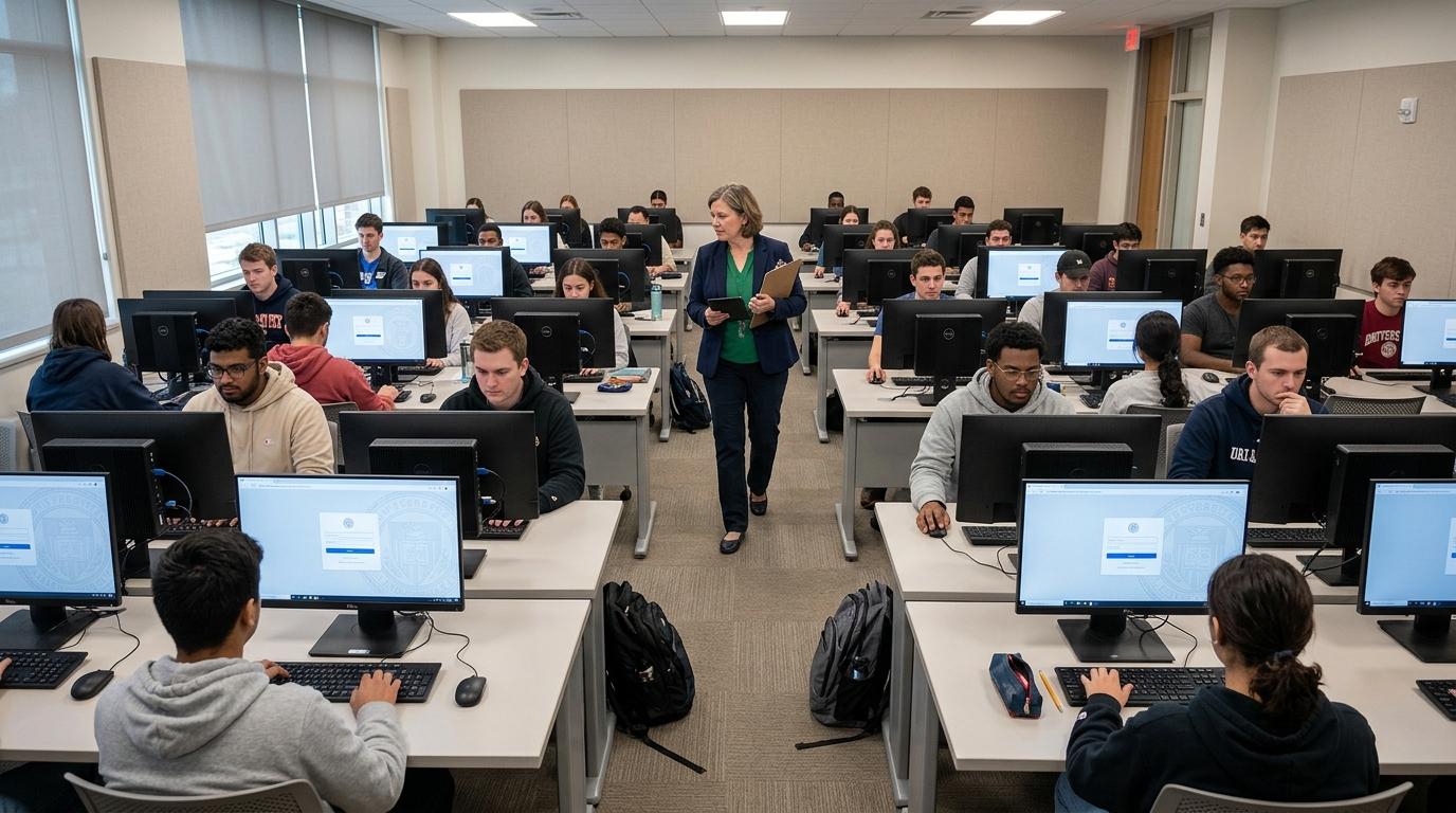 Modern university computer lab with students using identical cloud-based virtual desktops for secure assessments while an instructor oversees the session.