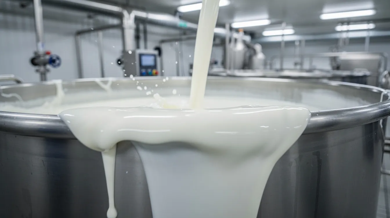 A close-up view shows cream being poured into large stainless steel industrial vats within a ghee processing plant, highlighting the essential step in the ghee manufacturing process. The scene captures the smooth texture of the cream as it prepares to undergo further processing in the dairy business.