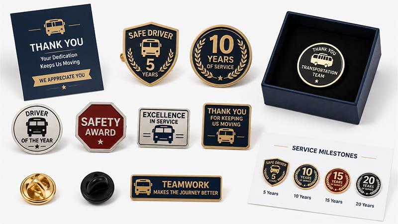 Custom bus driver pins and service badges for safety awards, appreciation, and work anniversaries