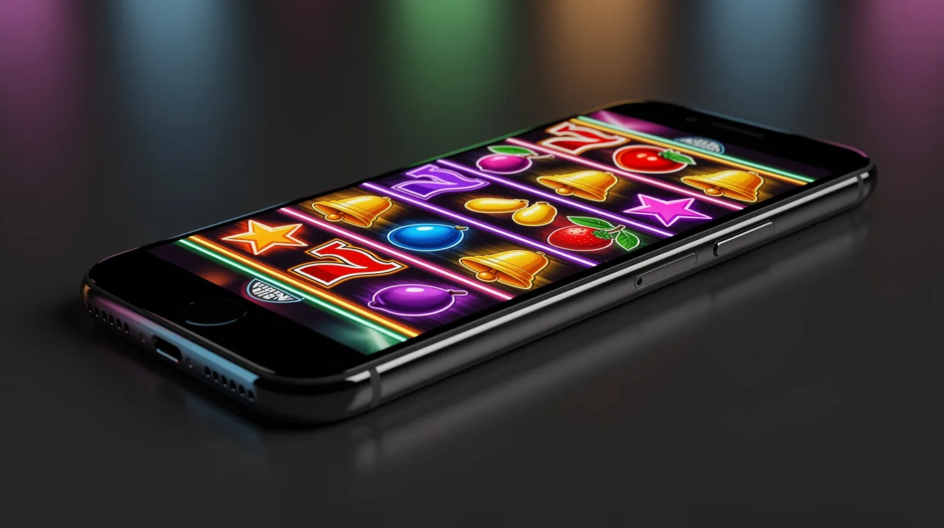 The image shows a smartphone with a vibrant display of colorful slot game reels, highlighting the excitement of online casinos. This visual represents the world of online gambling, where players can enjoy various casino games and take advantage of generous bonuses and free spins.