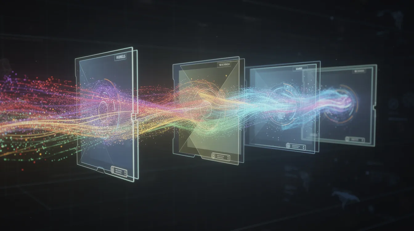 The image depicts vibrant streams of colorful data flowing through a series of filters and checkpoints, representing the processes of data processing and transformation. Various nodes are interconnected, illustrating the analysis and quality review of data sources as they are standardized and transformed into valuable insights.