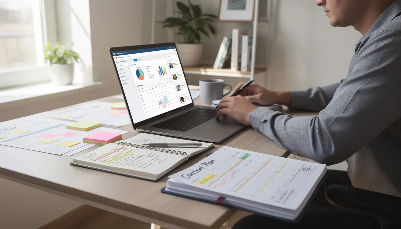 A person sits at a desk surrounded by various content planning materials, including notes and articles, while working on a laptop. This scene reflects the importance of a well-structured content strategy, which can enhance search visibility and authority signals in the context of AI-driven search and user intent.
