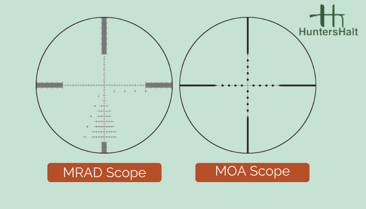 Picture comparing the difference between MOA vs MRAD rifle scopes