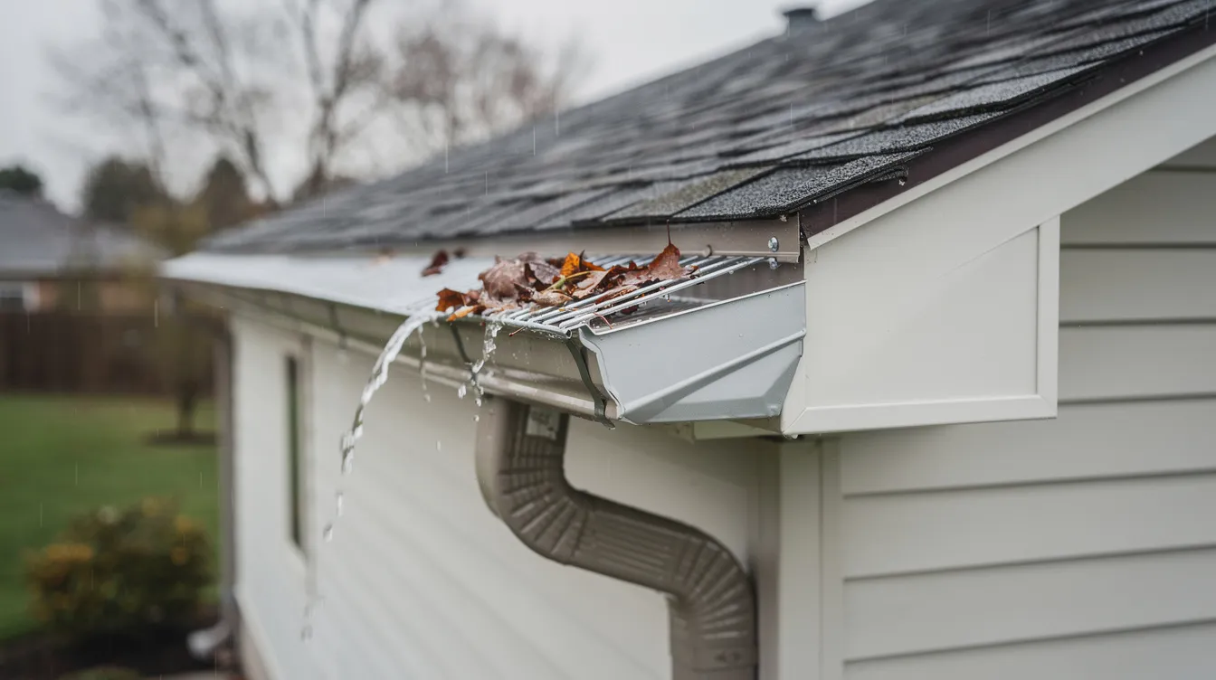 The image depicts a professional gutter cleaning service showcasing seamless gutters and gutter guards installed on a house, designed for long-term protection against water damage and debris buildup. The exterior is well-maintained, emphasizing the importance of clean gutters to prevent issues like overflowing water and mold in the Saratoga Springs area.