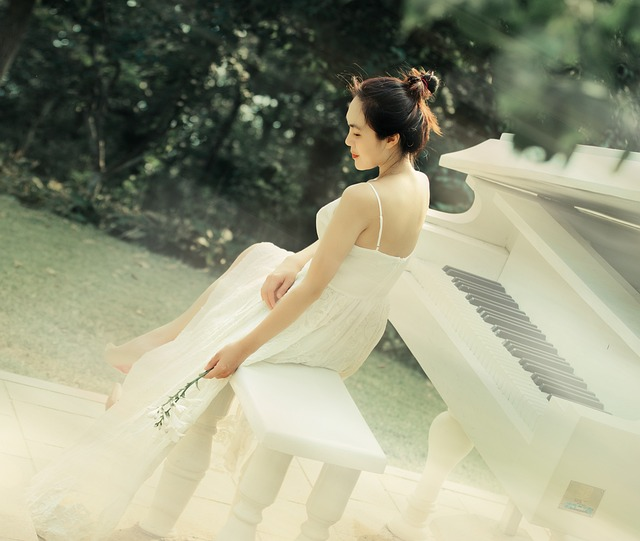 piano, girl, white slip dress