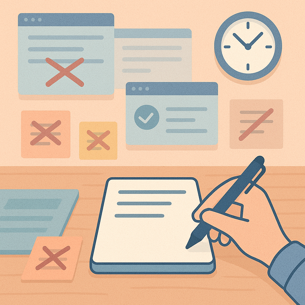 A workspace with crossed-out pop-ups and a single notepad emphasizes the Pomodoro Technique and shows that poor time management via multitasking wastes time under time constraints.