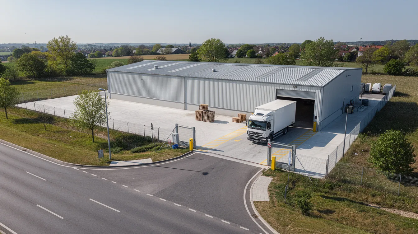 d0d12bfe 19c5 4655 ad3d 8da910881415 An aerial view of a small industrial factory shed designed for a wheat flour mill project, featuring a loading area and a truck access road. The layout indicates a facility focused on producing wheat flour, possibly for a mini flour mill or atta chakki plant business.