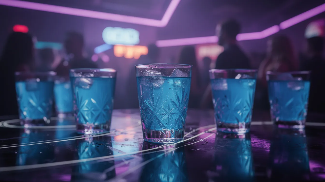 The image depicts glowing blue drinks in clear glasses, set on a dark party table illuminated by vibrant purple UV lights, creating a lively dark neon party atmosphere. The scene is perfect for a birthday celebration, enhancing the fun with its glowing drinks and festive ambiance.