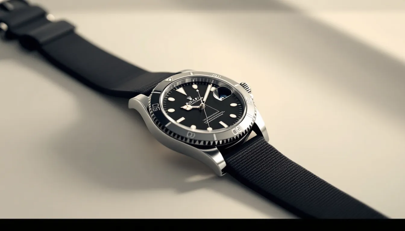 A stylish rolex watch with a rubber strap showcased against a neutral background.