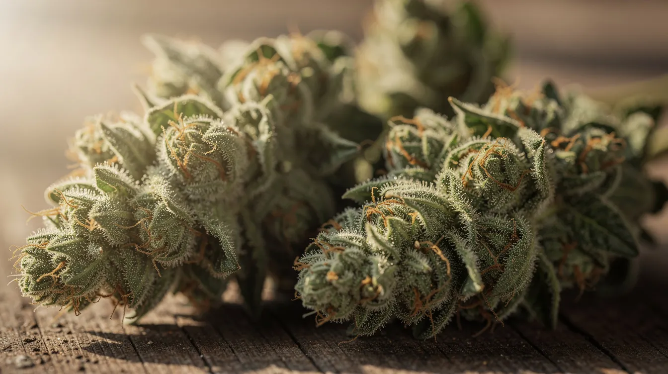A close-up image showcases vibrant cannabis flower buds arranged neatly on a rustic wooden surface, illuminated by soft natural light. These hemp flowers represent the legal status of hemp-derived THCA products, which are part of the evolving landscape of recreational marijuana sales and adult use cannabis in states like Montana.