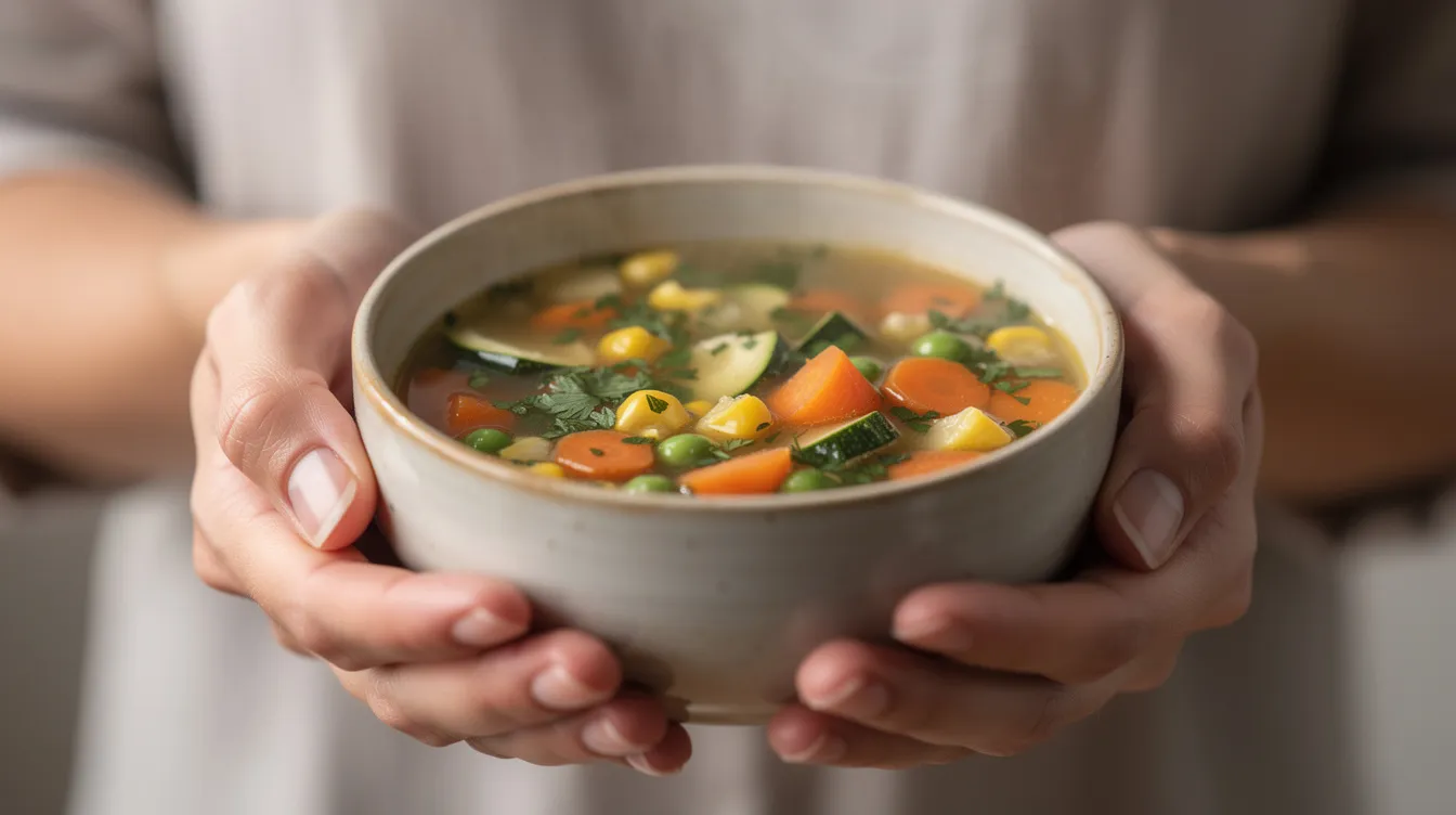 A person is holding a small bowl of vibrant plant-based soup filled with various vegetables, emphasizing a healthy longevity diet. This meal aligns with principles of the fasting mimicking diet and promotes heart health and weight loss through nutritious food choices.