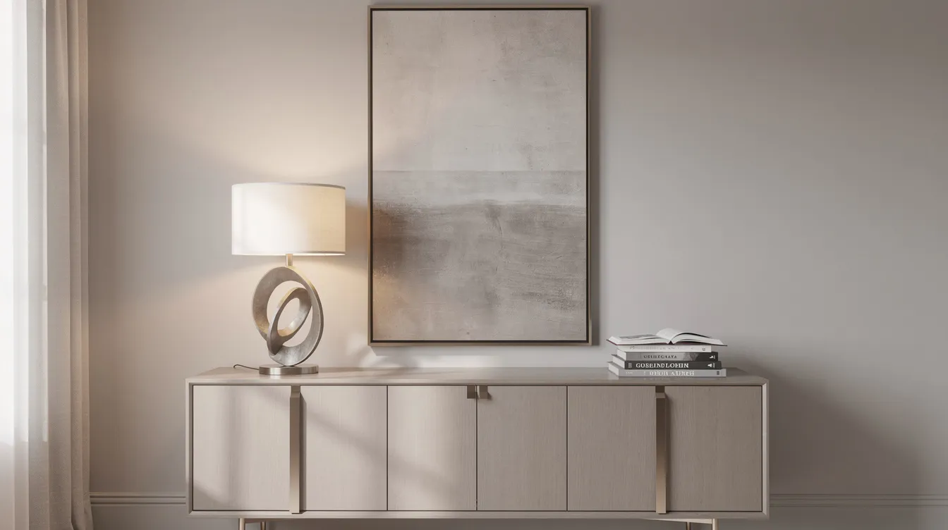 A stylish console table is adorned with a vertical piece of contemporary wall art, a sleek lamp, and a collection of books, creating a focal point that adds personality to the space. This arrangement not only enhances the decor but also brings visual interest to the room, making it a perfect example of effective interior design.