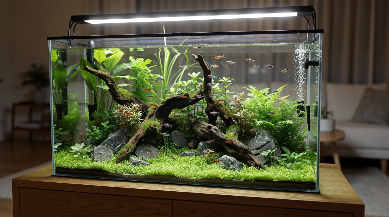 A modern fish tank setup features ultra clear glass on a wooden stand, filled with dense aquatic plants, driftwood, and rocks, while colorful fish swim gracefully among the greenery. The aquarium is designed to be both visually appealing and safe for pets, ensuring that curious cats can admire the fish without causing any trouble.