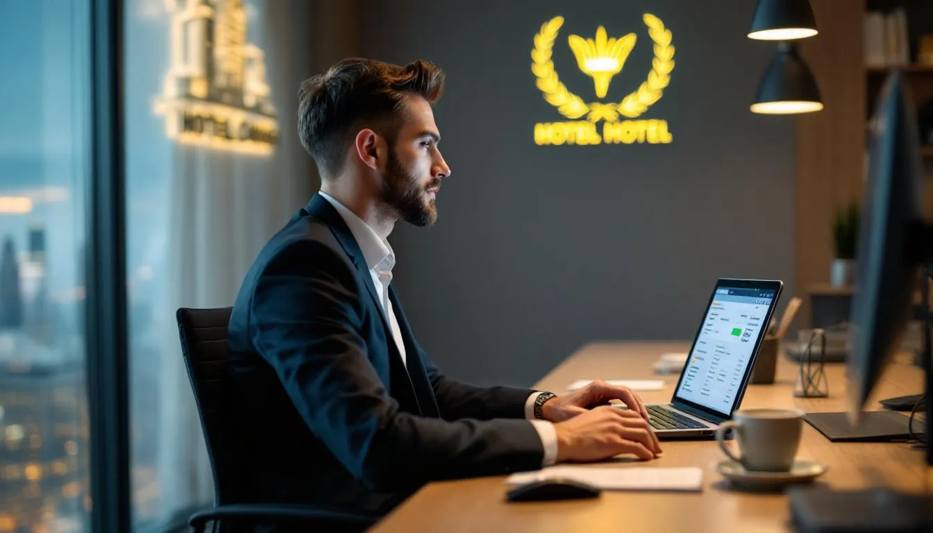 The image shows a hotel manager intently analyzing guest data on a laptop, focusing on understanding the needs of various hotel guests, including business travelers and family travelers. The manager is likely reviewing information to enhance guest satisfaction and tailor services to different guest personas.