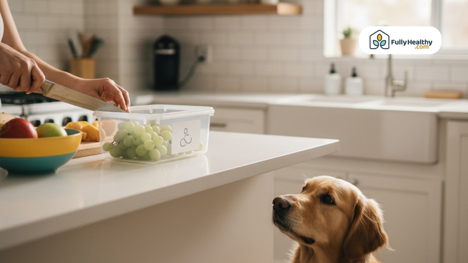 Dog watching person cut fruits beside container of grapes on kitchen counter