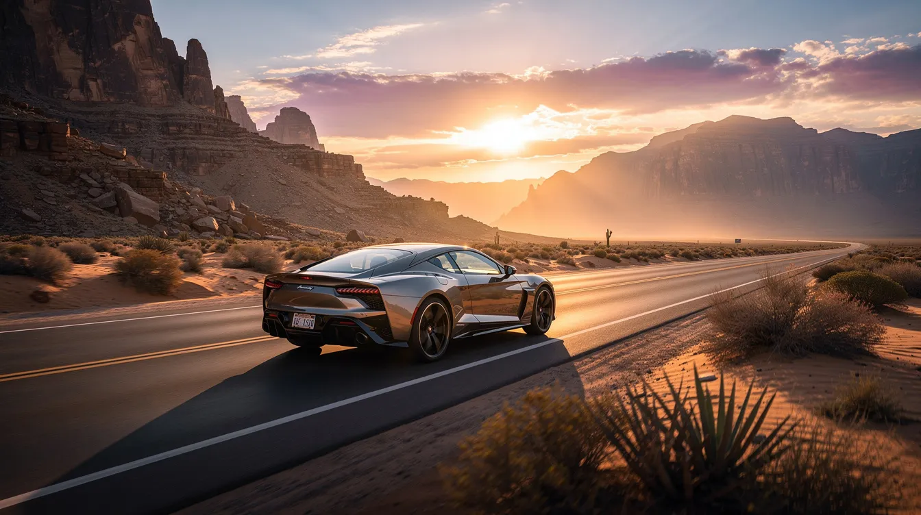 A car is driving along a highway that winds through a mountainous desert landscape, illuminated by the warm hues of a sunset. The scene captures the beauty of nature, contrasting the rugged terrain with the smooth movement of the vehicle, evoking a sense of adventure amidst the tranquility of the setting.
