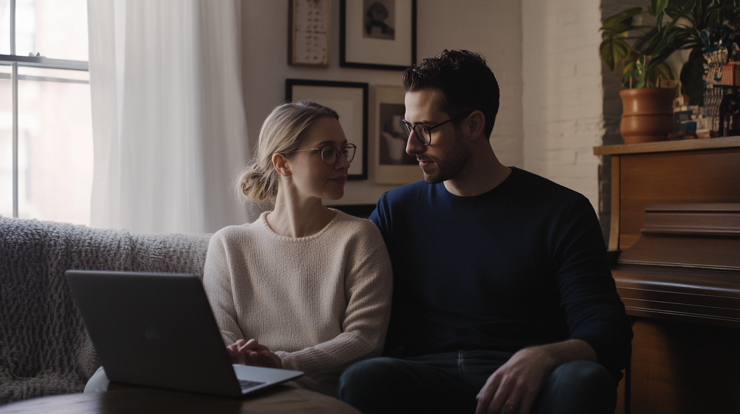 Married couple sharing a quiet connected moment in their Brooklyn home after an online couples therapy NYC session with Travis Atkinson.