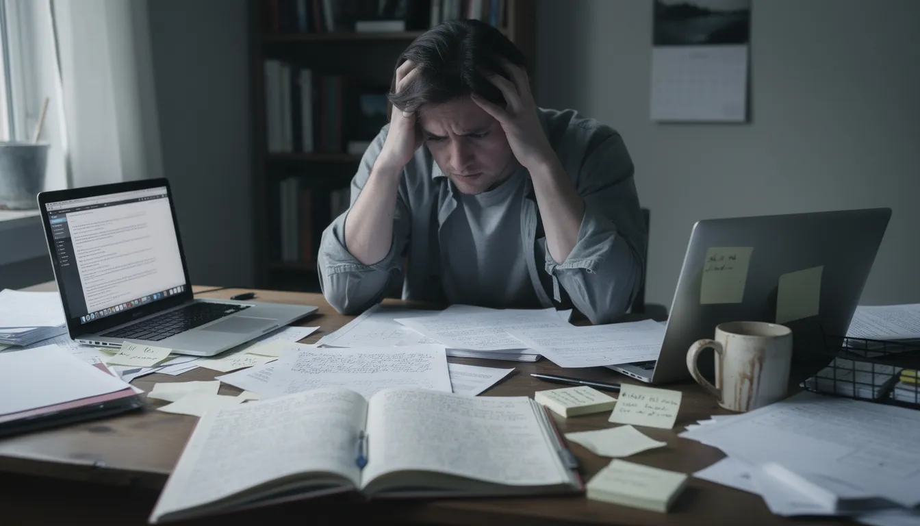 An adult sits at a cluttered desk, looking overwhelmed by scattered papers and a laptop, illustrating the executive dysfunction challenges often faced by adults with ADHD. The disarray reflects difficulties in managing tasks and emotional regulation, common symptoms of attention deficit hyperactivity disorder.