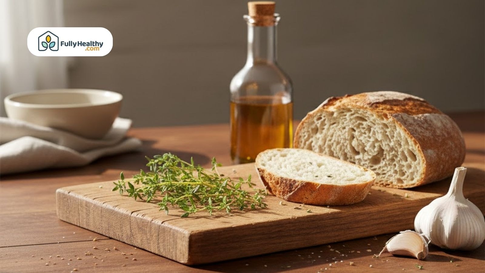 Sliced bread with garlic, thyme sprigs, and olive oil on a wooden board next to a bowl.