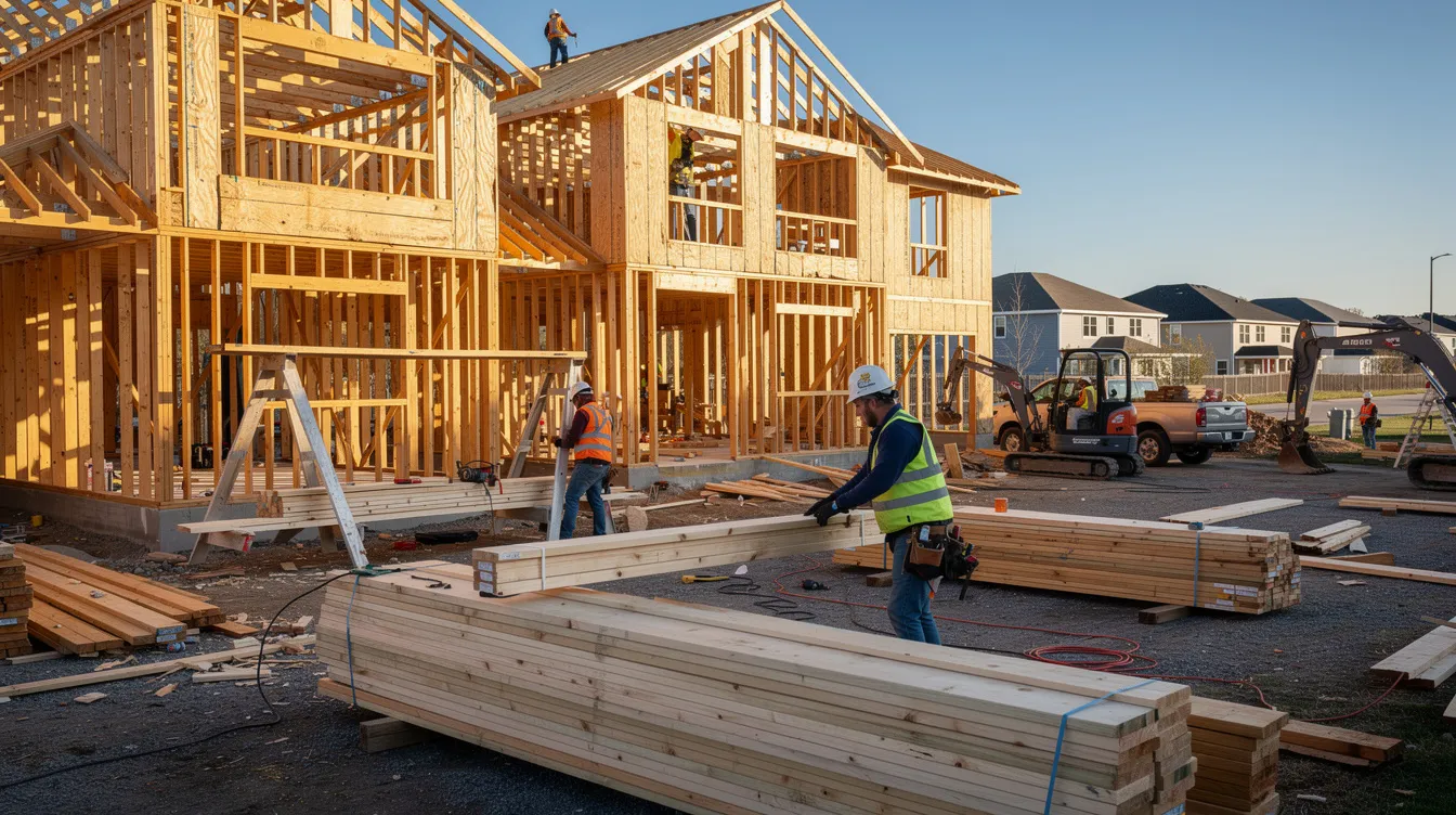 The image depicts construction workers actively engaged on a residential building site, with timber framing prominently visible. These workers are likely involved in ground-up construction, a crucial phase for real estate investors seeking investment property opportunities.
