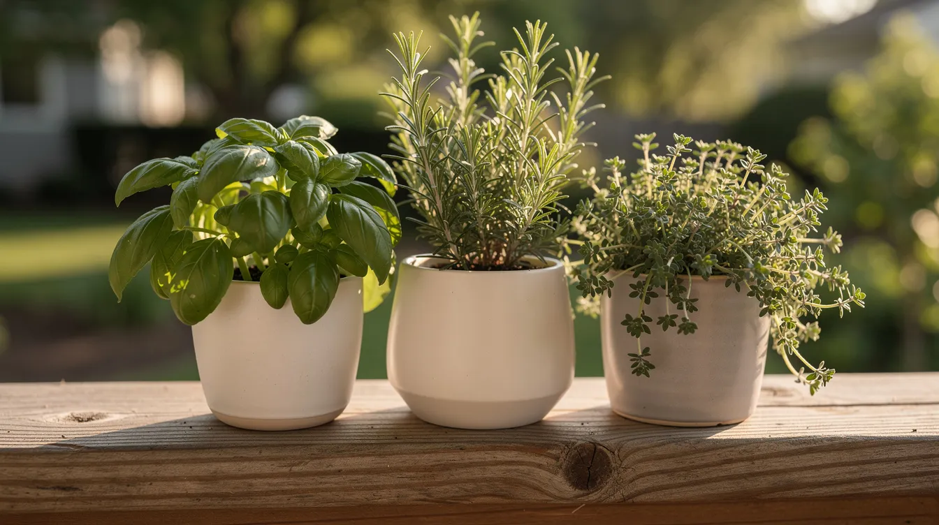 The image shows ceramic containers filled with fresh herbs, including basil, rosemary, and thyme, neatly arranged on a wooden porch railing. These potted plants are positioned to receive direct sunlight, making them perfect for transitioning indoor plants outdoors during the warmer summer months.