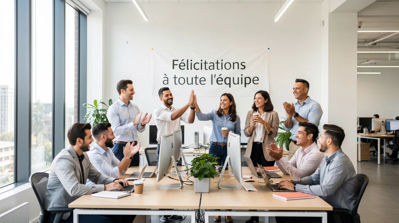 Des collègues souriants se rassemblent dans un open space lumineux pour célébrer un succès commun, illustrant l'importance de la collaboration et des relations dans un système complexe de travail. Cette scène met en avant l'approche systémique appliquée au travail, où chaque membre de l'équipe contribue à la performance collective.