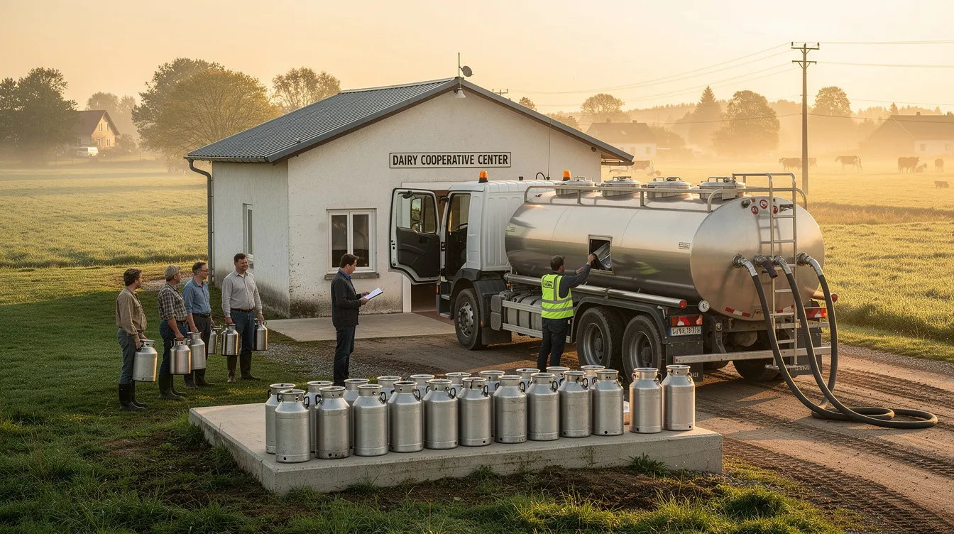 d0e2f979 8916 44c0 899e 8ae4f419e3d4 A milk collection tanker is arriving at a rural dairy cooperative center, ready to transport liquid milk for processing into various dairy products, including whole milk powder and skim milk powder. The scene highlights the essential role of dairy farming and the manufacturing process involved in producing high-quality milk products.
