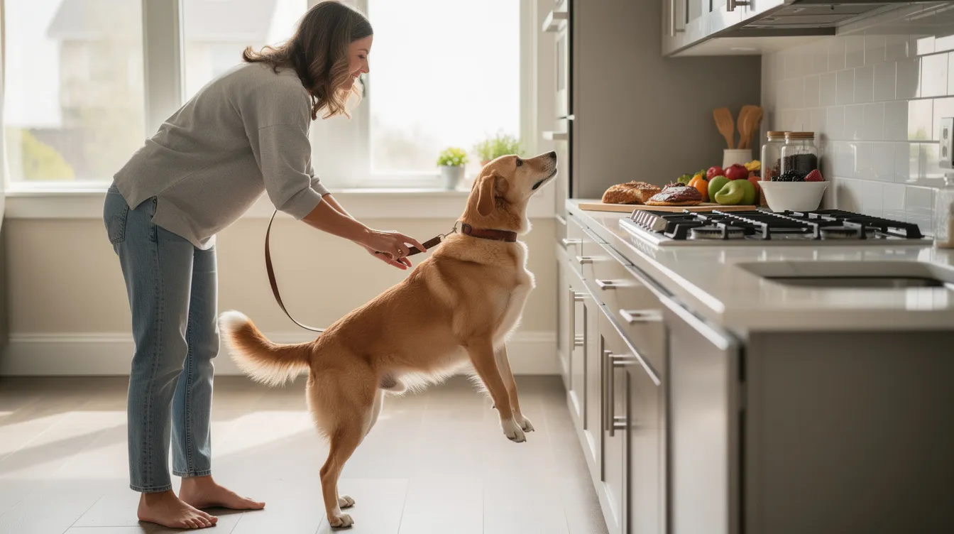 The image depicts a dog standing on its hind legs, reaching up towards a kitchen counter where human food is placed, illustrating the behavior known as counter surfing. Nearby, a dog bed and a crate are visible, suggesting a training environment aimed at preventing this habit.