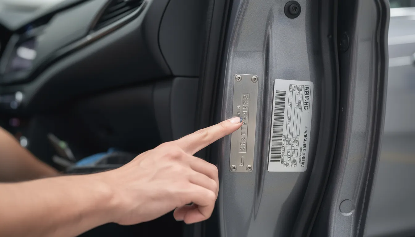 A close-up view of a person inspecting the compliance plate and vehicle identification number (VIN) located on the door jamb of a vehicle. This process is essential for verifying the car's history and registration status, helping consumers protect themselves from potential risks such as outstanding debts or security interests in personal property.