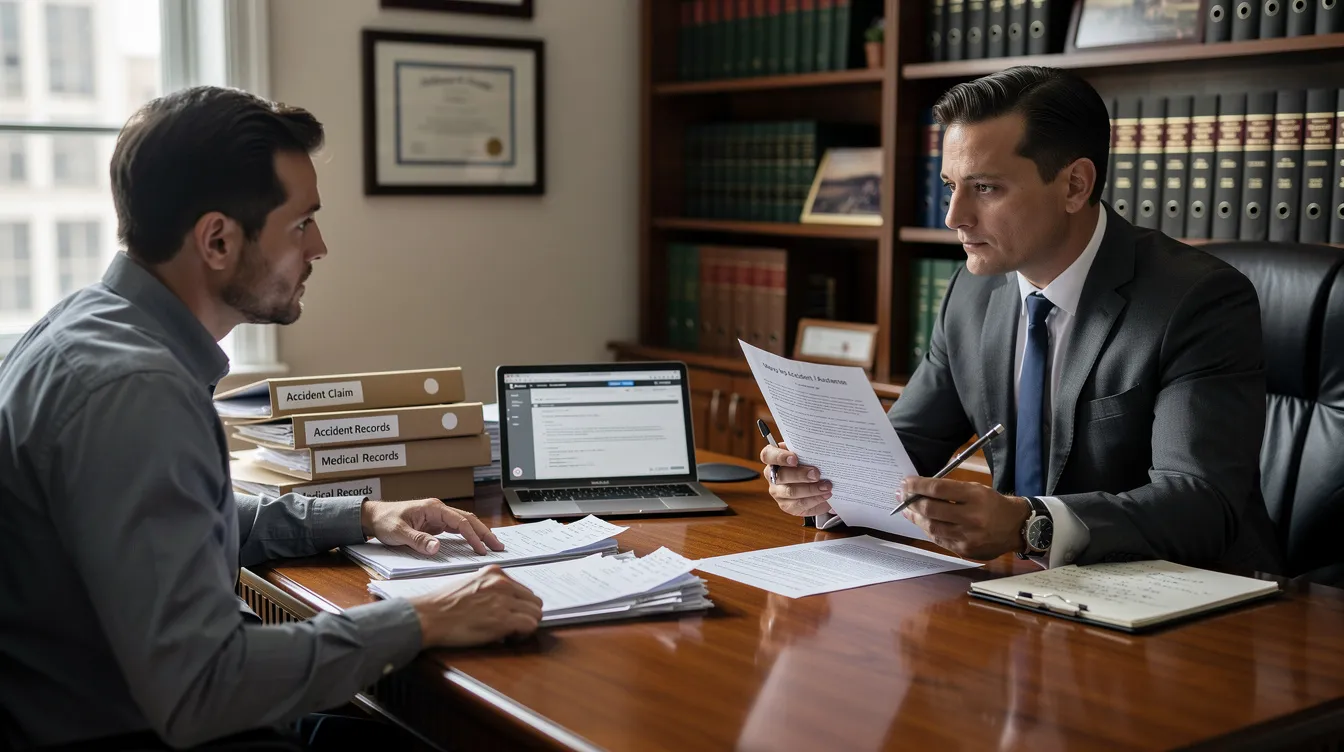 A personal injury lawyer is seated at an office desk, reviewing accident case documents and medical records while discussing claim strategy with a client. The scene includes a laptop and various legal paperwork, highlighting a serious legal discussion about injury claims and insurance negotiations in a professional law office environment.