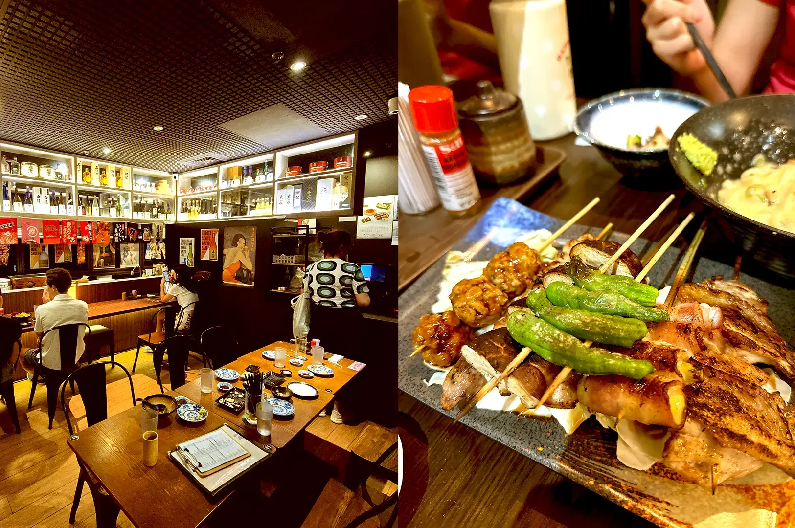 Cozy, authentic izakaya setting at Izakaya Hikari in Bugis, complete with a diverse sake wall and a platter of freshly grilled assorted meat and vegetable skewers