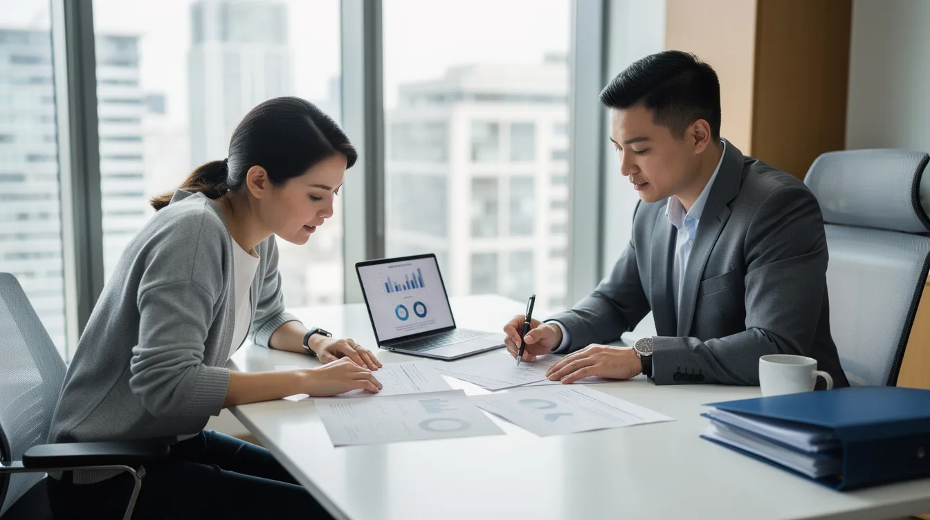 A business owner is seated at a modern office desk, reviewing financial documents with a tax advisor. They are discussing effective financial planning strategies to minimize tax liabilities and optimize retirement plans.