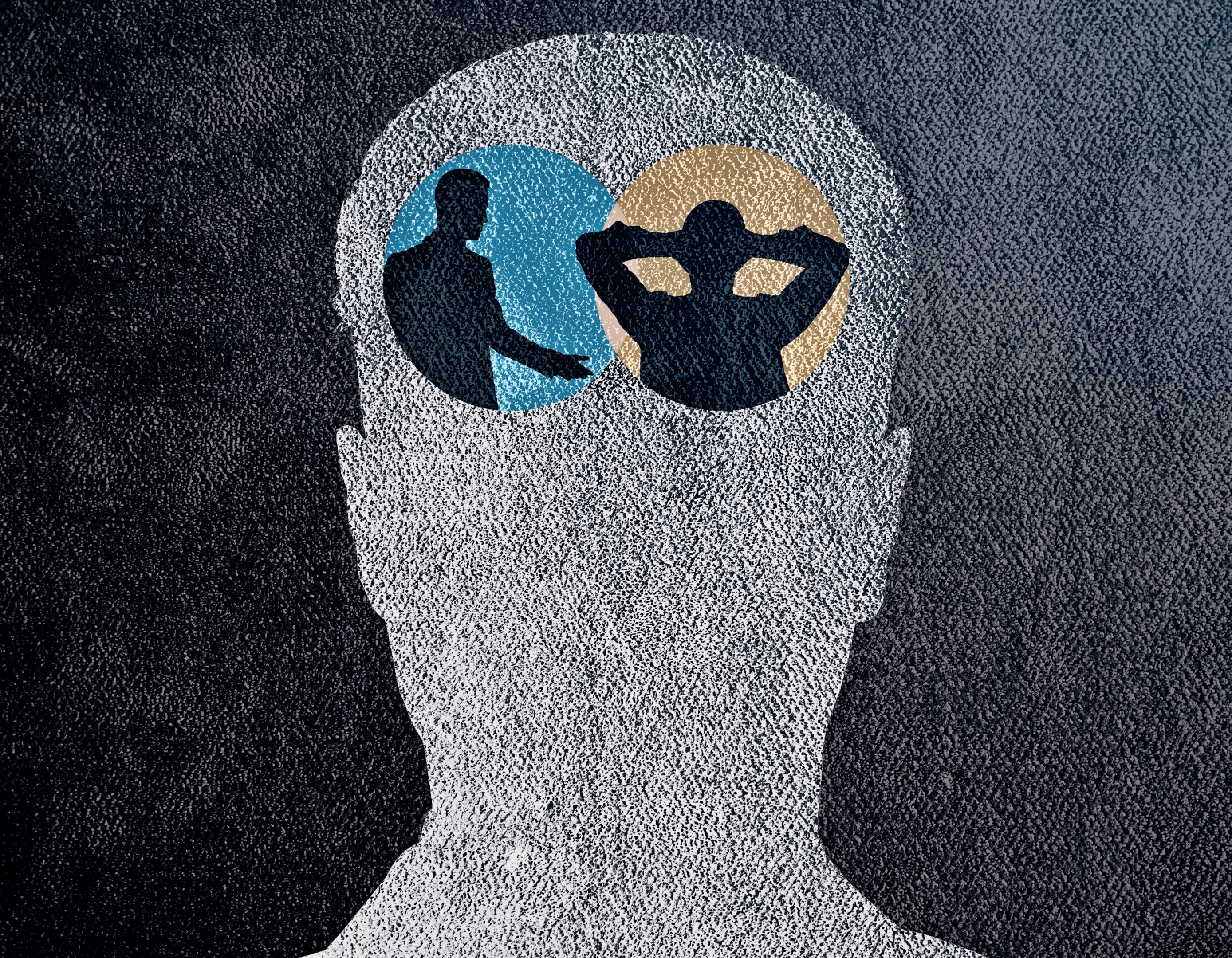 An artistic silhouette of a human head containing two overlapping circles with figures inside, representing the intersection of heredity and Managing Depression Symptoms in The Woodlands