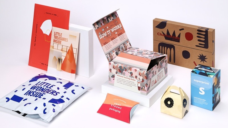 Colorful, branded packaging boxes for various products