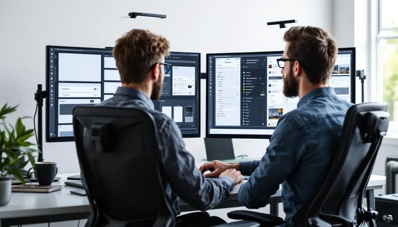 Een ux designer werkt aan zowel wireframes als visuele interface mockups, die naast elkaar zijn geplaatst op een bureau. De ontwerper richt zich op het creëren van een gebruiksvriendelijke interface en het verbeteren van de gebruikerservaring door middel van interactie en visueel ontwerp.