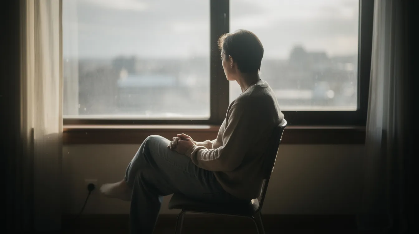 A person sits alone by a window, gazing thoughtfully into the distance, lost in contemplation of their financial situation, possibly reflecting on their debt restructuring options or repayment plans. The serene atmosphere suggests a moment of introspection regarding their financial status and the challenges they face.