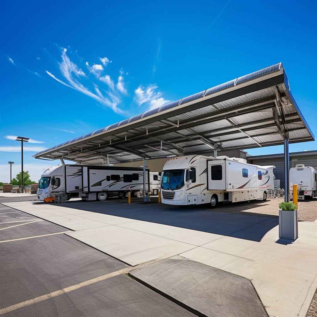 A picture of a RV storage facility with dump station and covered parking. 