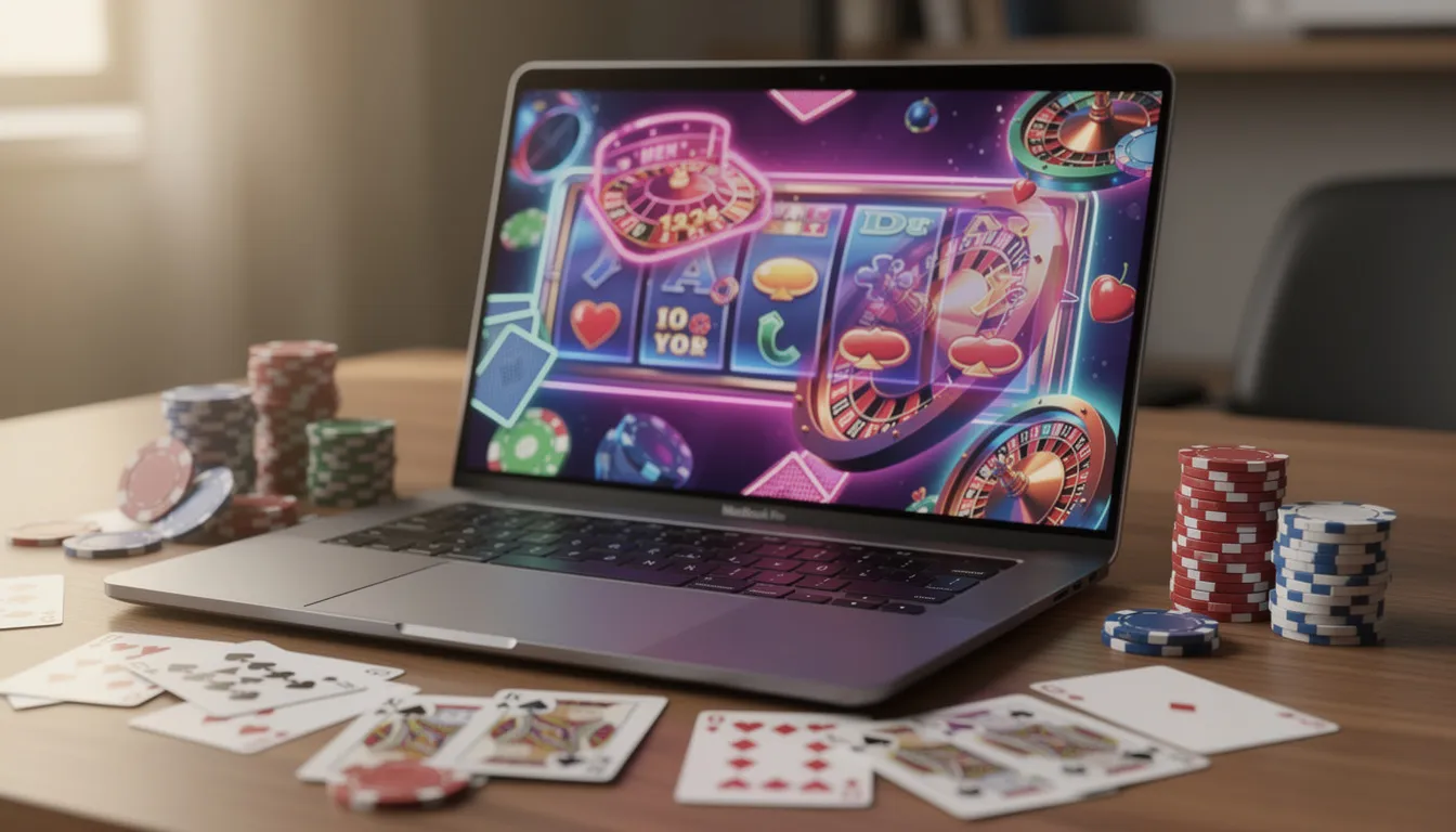 Een laptop staat op een bureau met levendige casino graphics op het scherm, omringd door speelkaarten en pokerfiches, wat de sfeer van een aantrekkelijk online casino zonder cruks oproept. De kleurrijke weergave benadrukt de opwindende wereld van gokken, waar verantwoord spelen en aantrekkelijke bonussen centraal staan.