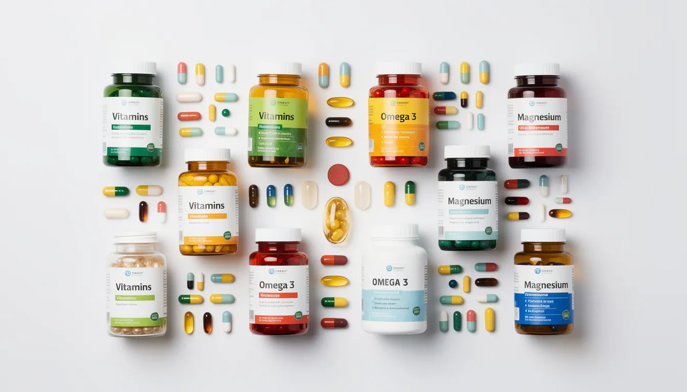 The image features a variety of colorful dietary supplement capsules, tablets, and bottles neatly arranged on a clean white surface, showcasing different product labels and designs. This vibrant display highlights the diverse range of dietary supplement products available, emphasizing their role in promoting overall health and well-being.