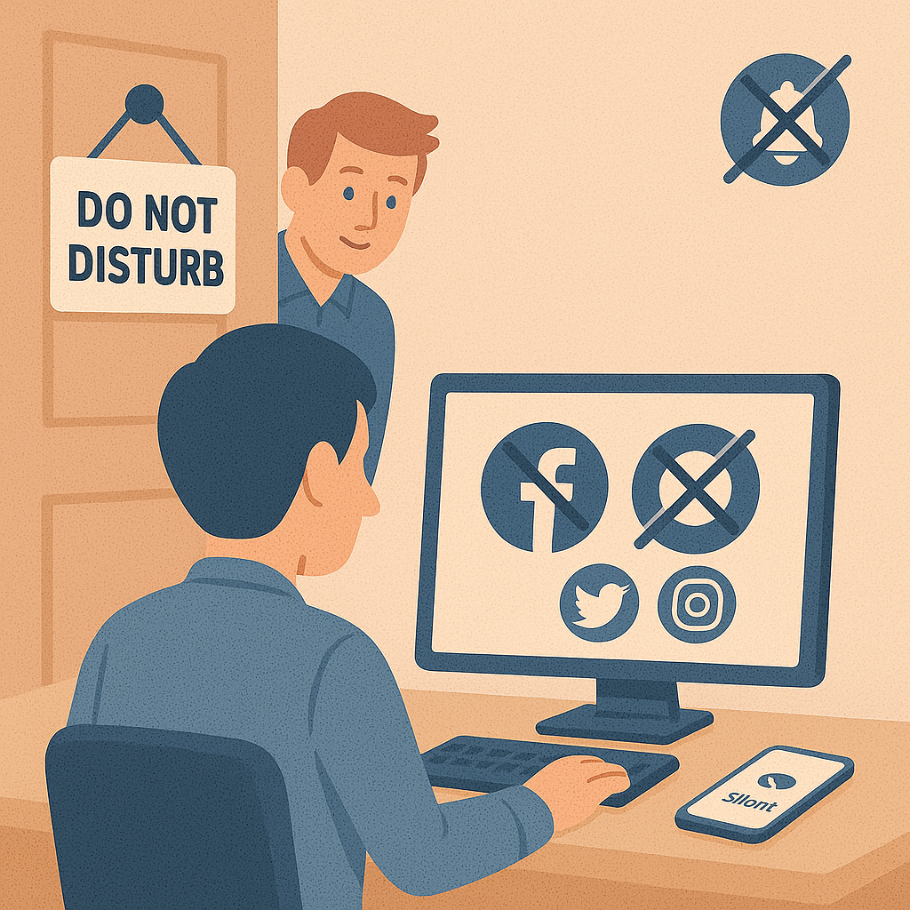 A focused worker at a desk silences a smartphone, with social media icons crossed out and a “Do Not Disturb” sign, illustrating how to minimize distractions and interruptions to preserve free time.