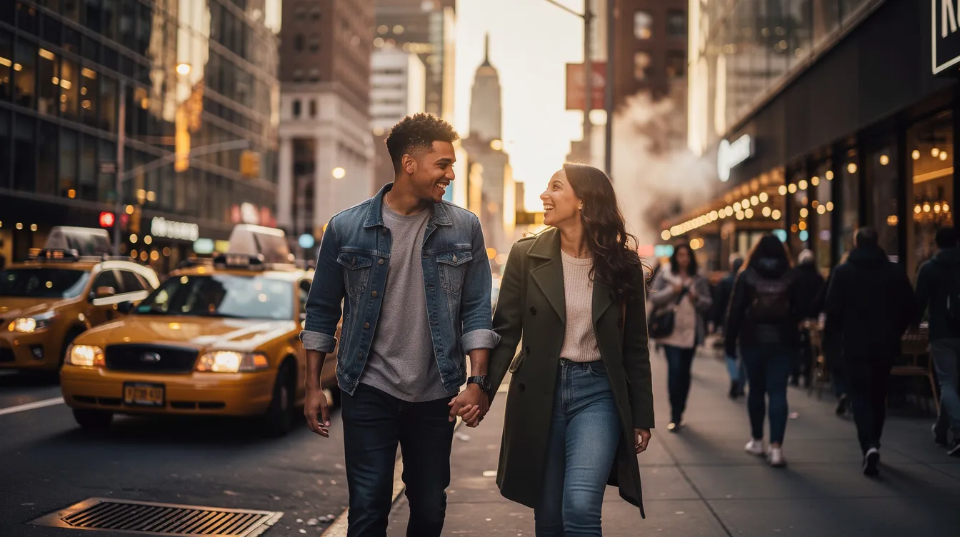 The image depicts a bustling New York City street at night, filled with people engaging in conversations, some holding drinks from nearby bars, embodying the vibrant dating scene. This lively atmosphere reflects the unique challenges and opportunities of dating in NYC, where individuals seek meaningful connections amidst the city's fast-paced life.