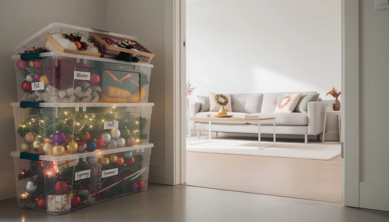 The image features storage bins filled with seasonal decorations placed next to a neutrally decorated room that has small seasonal accents, reflecting a blend of home décor trends. Interior designers warn that while these trendy pieces can add charm, they may also lead to a big waste of money if not chosen wisely.