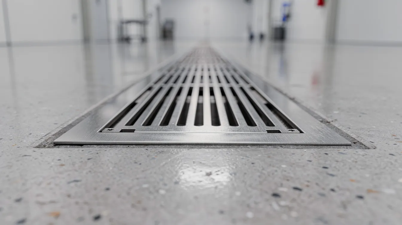 Stainless steel trench drain grate installed in a concrete floor for commercial drainage.