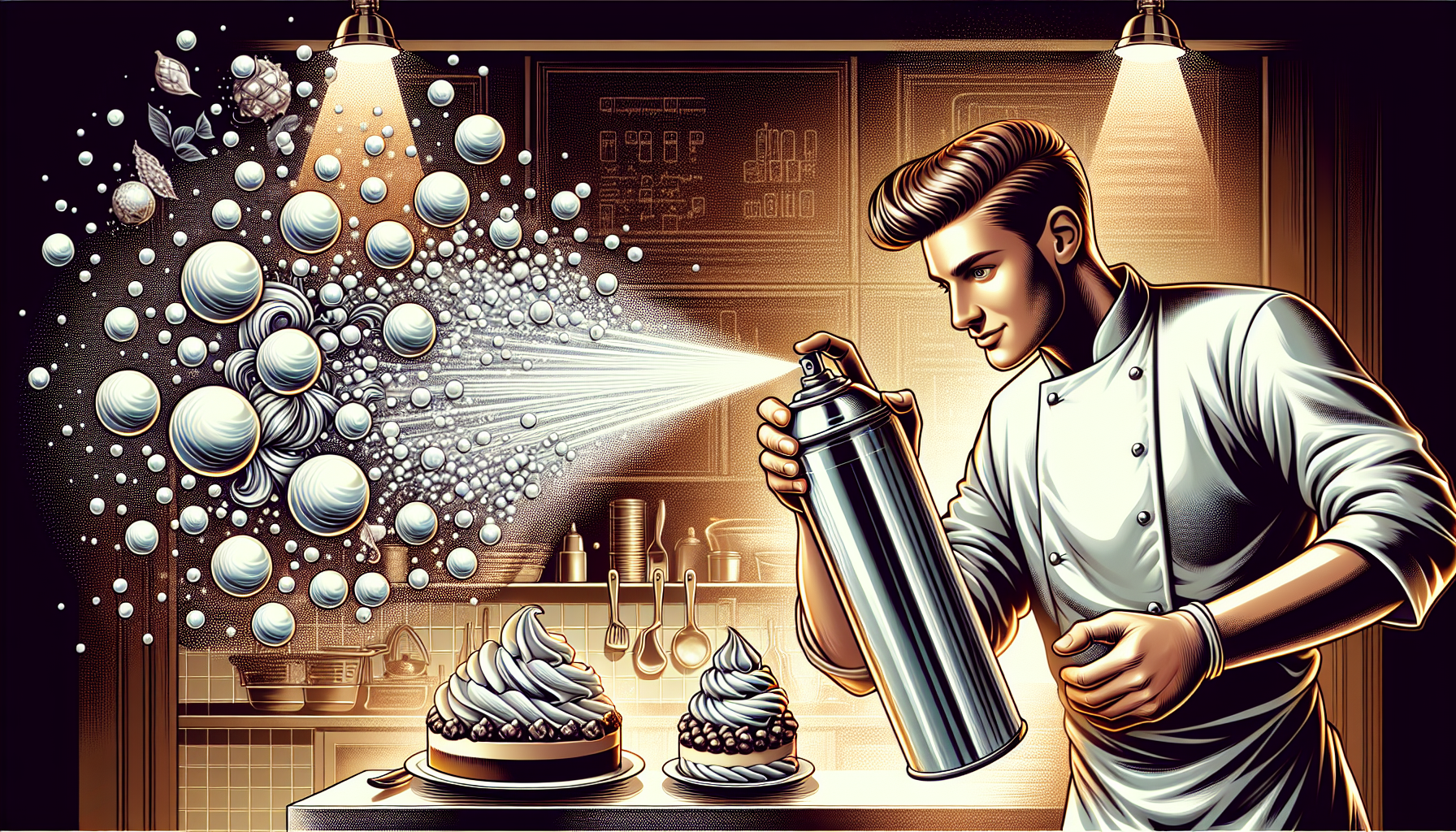 Illustration of a chef using a whipped cream canister in a kitchen