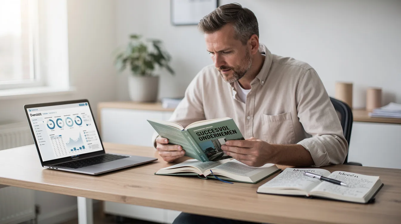 Een ondernemer zit aan zijn bureau met een laptop en een notitieboek, terwijl hij een boek leest dat waardevolle lessen en praktische tips biedt voor het opstarten van een succesvol bedrijf. Het boek, een echte aanrader voor startende ondernemers, bevat inzichten die hen kunnen inspireren en helpen bij het realiseren van hun dromen.