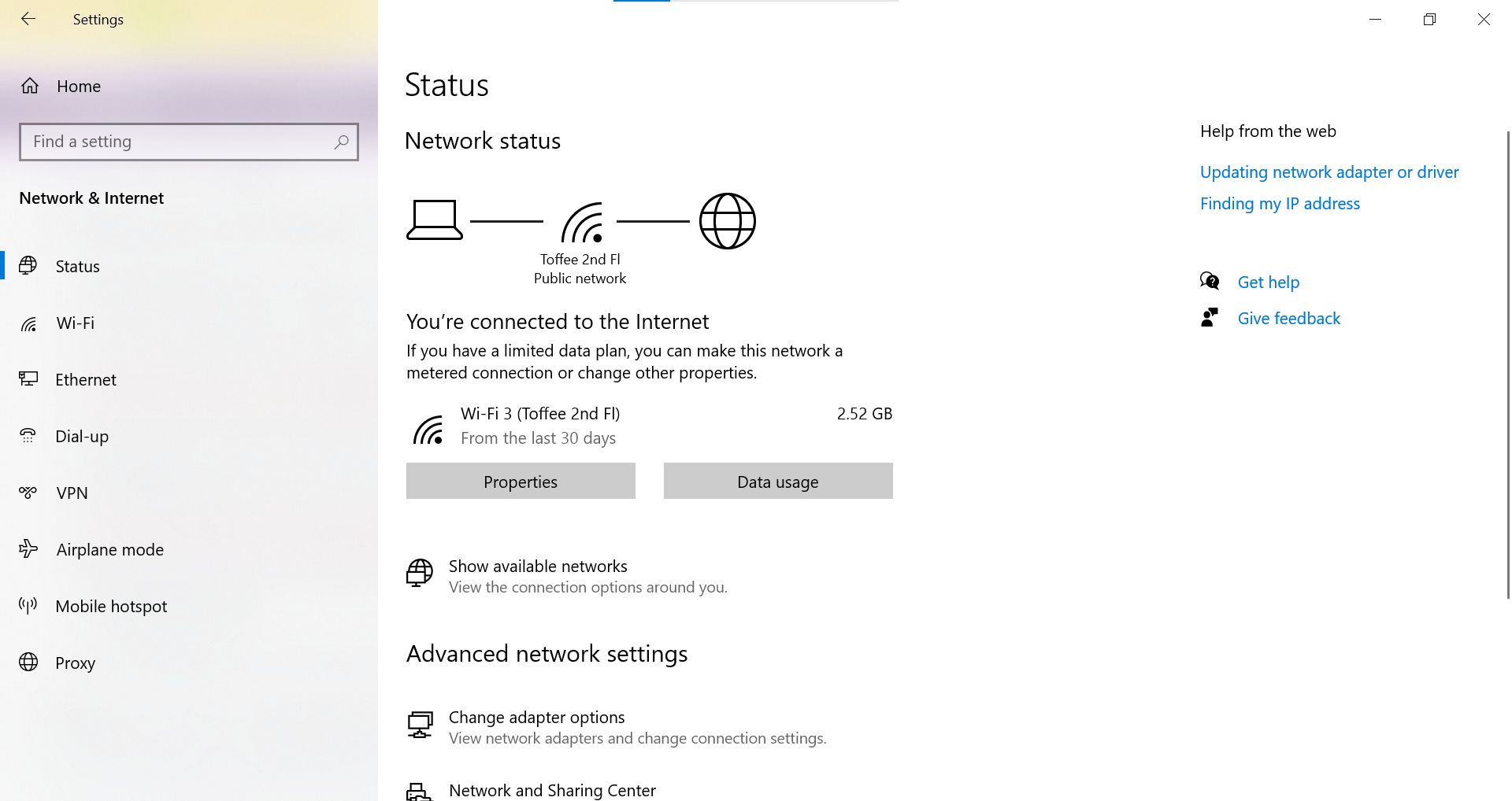 network and sharing center windows 10