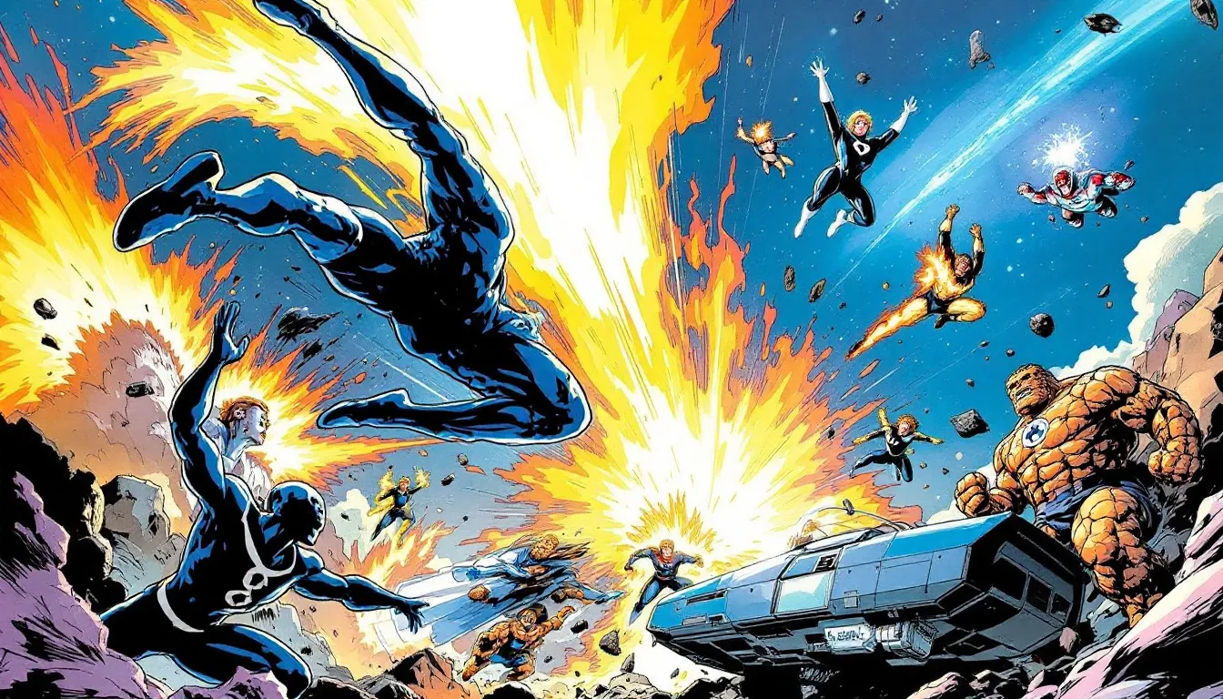 A dynamic scene showcasing the cinematic impact of the Fantastic Four and Guardians of the Galaxy.