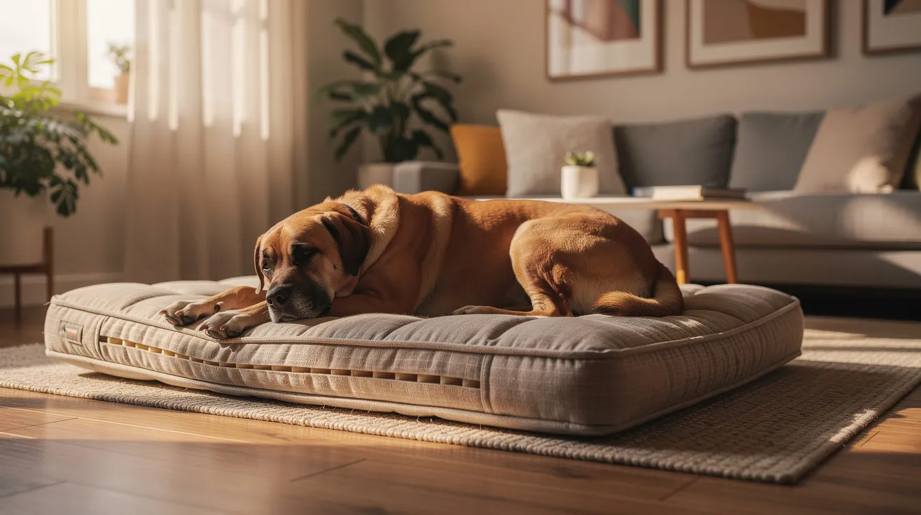 A large dog, possibly a Bernese Mountain Dog or a Golden Retriever, is resting comfortably on a thick orthopedic bed in a warm, well-lit living room. The dog's relaxed posture suggests a need for comfort, which is important for managing joint pain associated with conditions like elbow dysplasia.