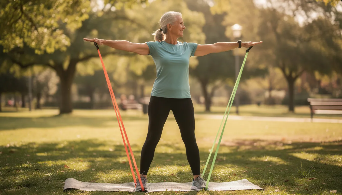An active older woman is exercising outdoors using resistance bands, demonstrating strength and vitality. This scene highlights the importance of resistance training for maintaining muscle mass and improving overall exercise performance, especially for women looking to enhance their fitness as they age.