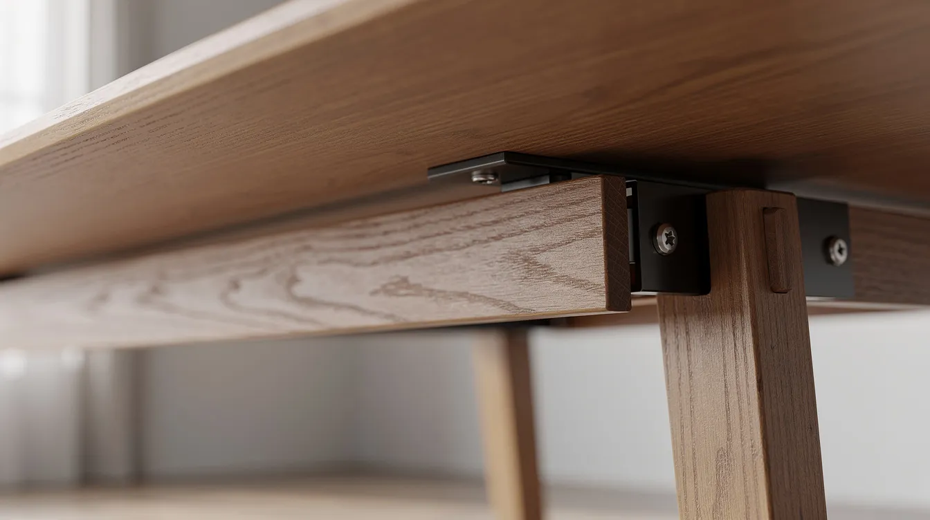 Detailopname van de onderkant van een nieuwe eettafel, waar de dikke rand en de pootconstructie duidelijk zichtbaar zijn. De tafel is ontworpen om een goede zithouding te ondersteunen, met voldoende beenruimte voor comfortabele eetervaringen.